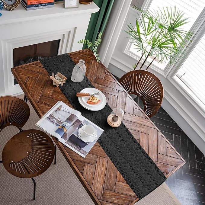 Macrame Table Runner Pure Black Boho Table Runners with Tassels 12x108in | Alynsehom Hand Woven Cotton Table Runner Rustic Farmhouse Table Runners for Bohemian Kitchen Dining Table