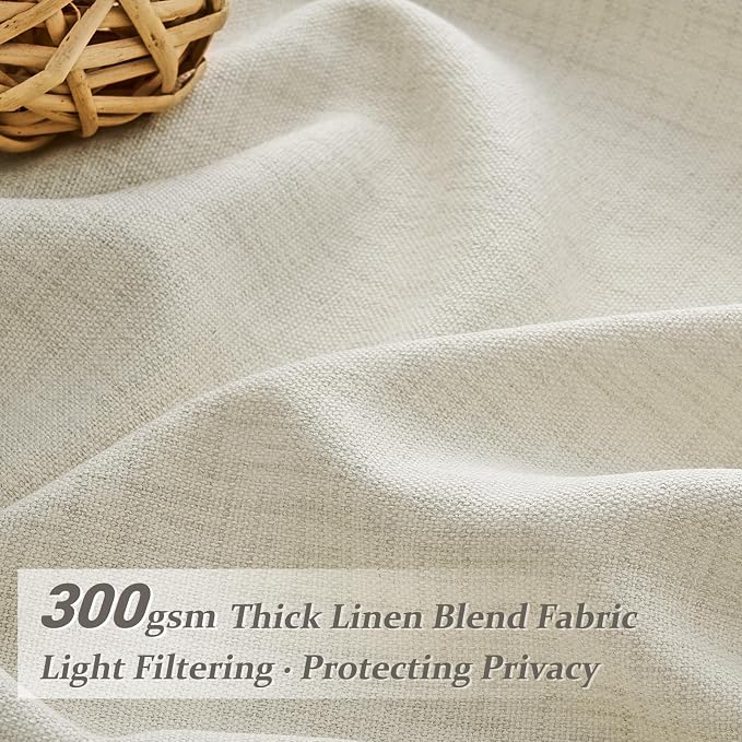 Cream Pinch Pleated Light Filtering Patio Sliding Glass Door Curtains 92 Inches Long 2 Panels Set, Memory Shape Natural Linen Blend Privacy Semi Sheer Country Curtain Window Drapes with Hooks & Rings