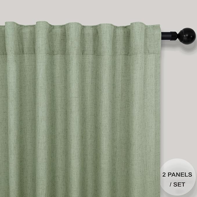 Pitalk Sage Green Curtains 102 Inches Long for Living Room 2 Panels Set Back Tab Pocket Boho Window Drape Semi Sheer Light Filtering Light Green Linen Curtain 102 Length for Bedroom Patio Sliding Door