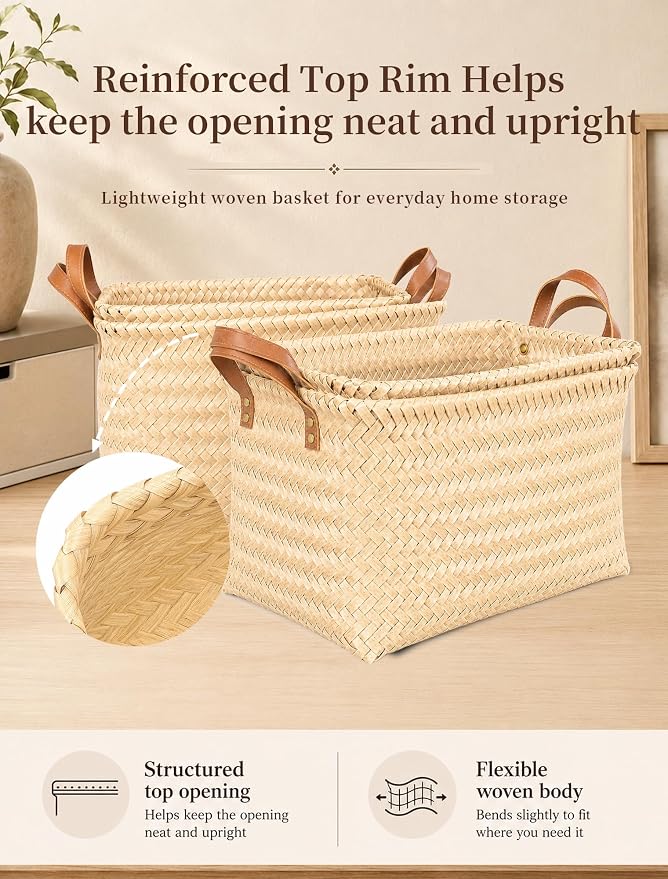 Wicker Storage Baskets, 4 Pack Woven Baskets for Shelves, Yellow | PP Rattan, Water-resistant Wicker Basket, Large Baskets with Faux Leather Handles for Blanket, Laundry Organizer, Room Decor