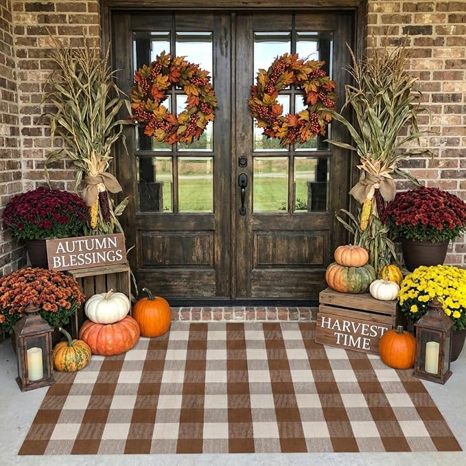 Buffalo Plaid Outdoor Rug 4x6 Ft Coffee and White Checkered Area Rug Washable Fall Indoor Outdoor Rugs for Entryway,Hallway, Kitchen, Living Room, Dining Room, Bedroom