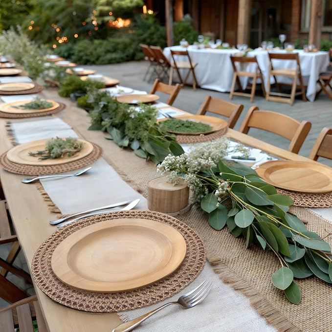 24 Pcs 13 Inch Round Burlap Placemat Boho Jute Woven Charger Bulk Rustic Vintage Natural Brown Heat Resistant Dining Table Mat for Wedding Farmhouse Craft Home Kitchen Summer Party (Classic)