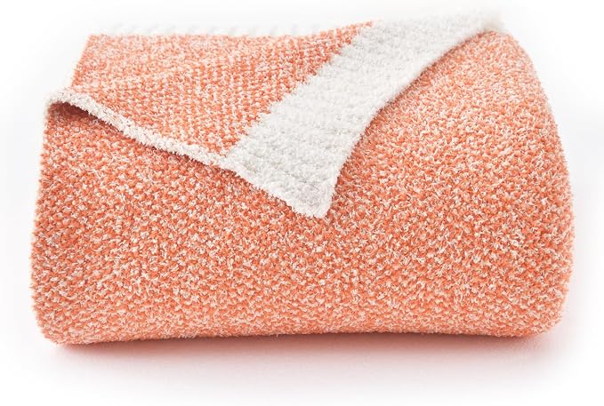 Chunky Knit Boucle Throw Blanket, Soft Washable Coastal Blanket for Bed Couch, Lightweight Cozy Oversized Feather Knit Blanket Indoor Outdoor for Sofa (Orange, Twin 60"x80")