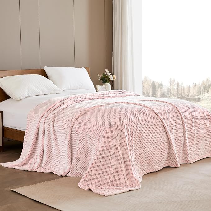 Exclusivo Mezcla Soft Waffle Fleece Bed Blanket Queen Size, Heather Pink | Lightweight Plush Blanket for Bed, Bedroom, Cozy Flannel with Waffle Texture, Stylish Home Decor, All Season, 90x90 Inches