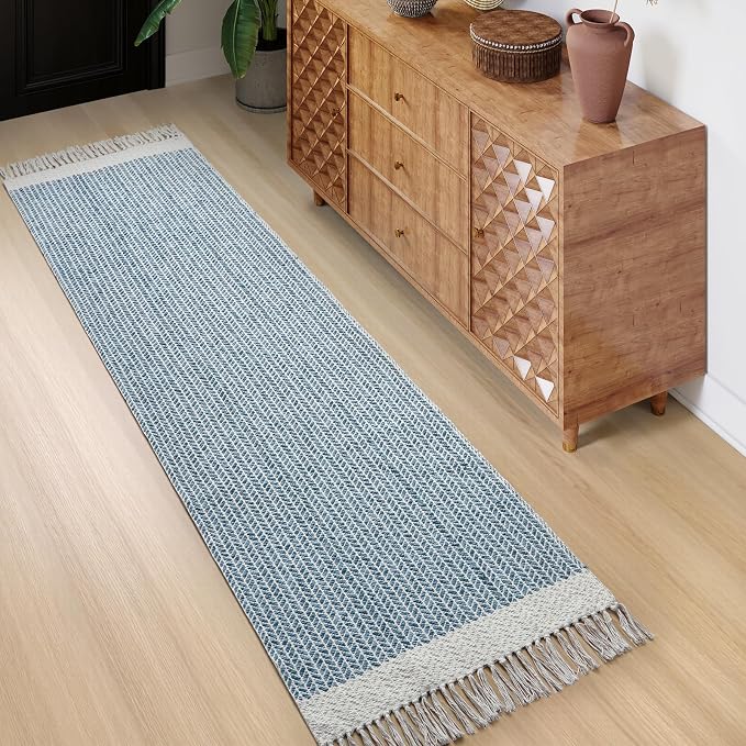 Lahome Boho Bathroom Runner Rug, 2'6''x8 Washable Rugs for Kitchen Hallway | Woven Cotton Throw Mat with Tassels, Farmhouse Blue Non Shedding Lightweight Carpet for Laundry Room Bath Rv Entryway Decor
