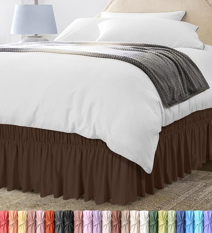 Wrap Around Queen Bed Skirt, Easy Fit Elastic Belt, 16 Inch Drop, Brown | No Mattress Lifting, Stay-Put Design, Adjustable Buckle & Elastic Belt, Wrinkle & Fade Resistant, Brushed Microfiber