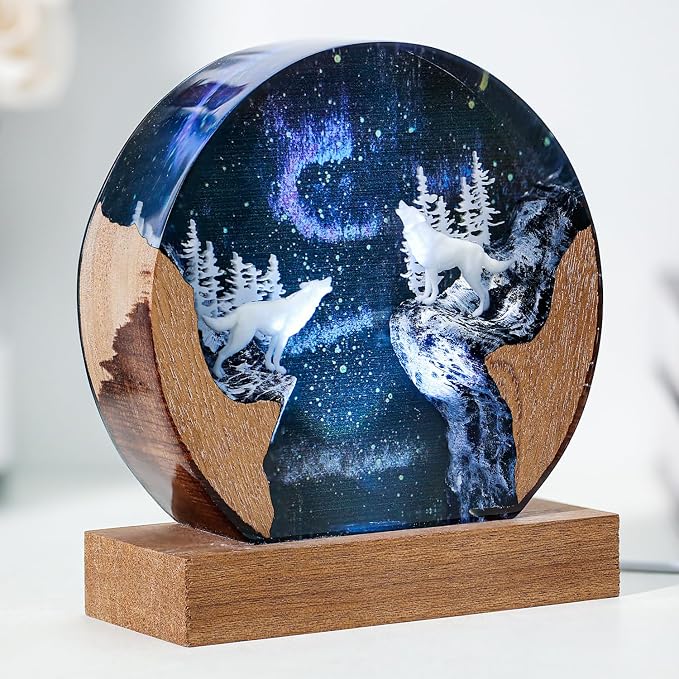 Handmade Resin 3D Wolf Resin Lamp with Wooden Base