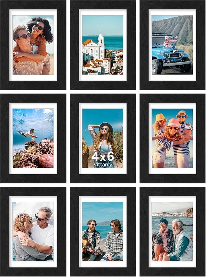Vittanly 4x6 Picture Frames Set of 9 for Wall or Tabletop Display, Black | Display Pictures 3.5x5 with Mat or 4x6 without Mat, Small Photo Frames, Engineered Wood with Shatter Resistant Plexiglass