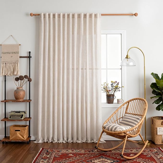 MYSKY HOME Natural Linen Sliding Glass Door Curtains, Back Tab Semi Sheer Curtain Panels Extra Long Floor Length Drapes 95 Inches for Living Room Linen Texture Soft Touch, 100" Wide, 1 Piece
