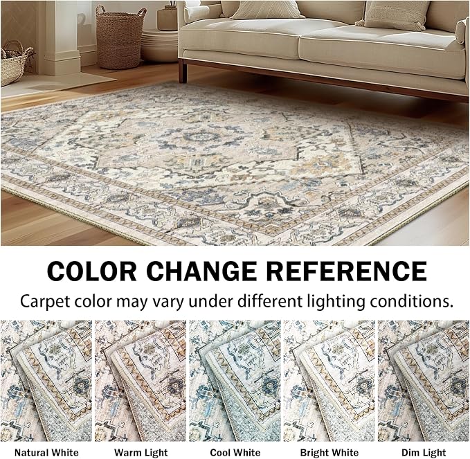 AooHHooA 2x3 Washable Non-Slip Boho Area Rug for Kitchen Bathroom Entryway Bedroom, Beige Vintage Print Stain Resistant Home Decor