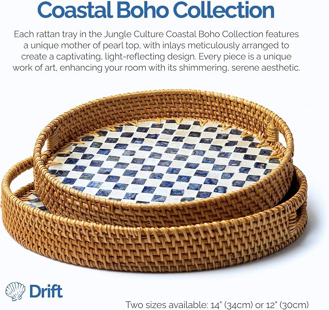 JUNGLE CULTURE Round Rattan Tray with Mother of Pearl Inlay • Drift 12”
