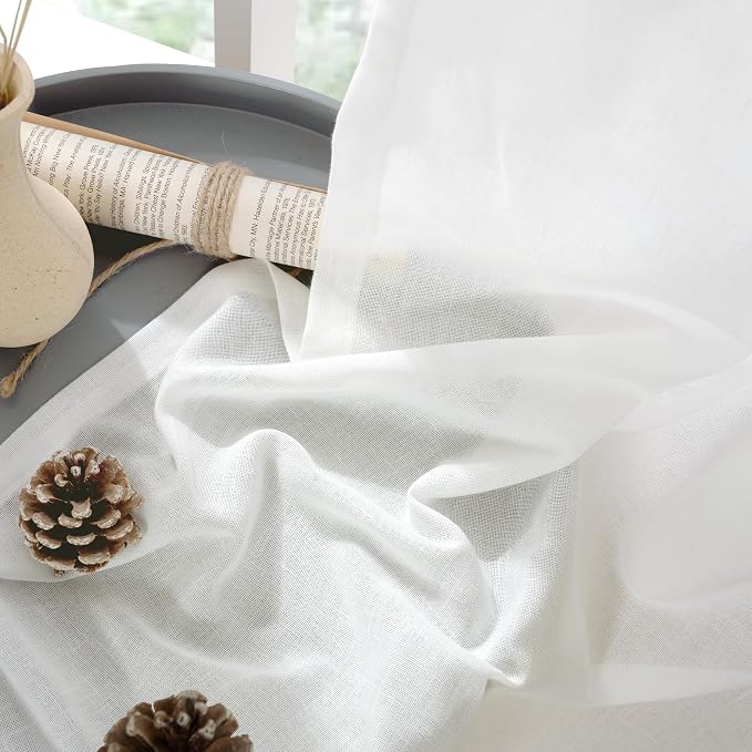 YoungsTex Linen Semi Sheer Curtains 63 Inches Length for Living Room - White Light Filtering Drapes with Grommet Textured Lightweight Window Treatments for Bedroom, 2 Panels, 52 X 63 Inch