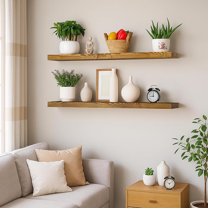 BGMG Floating Shelves 48 Inch Long, Wide Rustic Wooden Wall Shelves for Bathroom Living Room Bedroom Kitchen Farmhouse Set of 2-48x6.7x1.25 Inch - Gold Oak