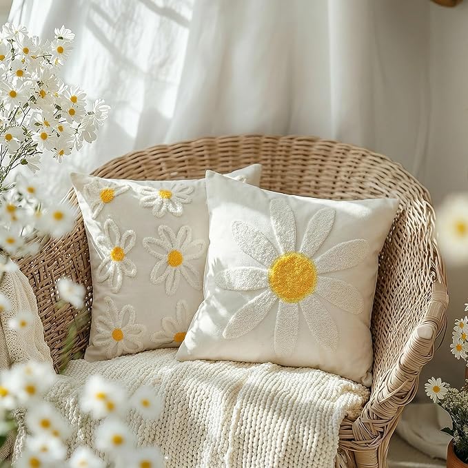 GEEORY 2-Pack 18x18 Inch Spring Summer Daisy Embroidered Canvas Throw Pillow Covers, Farmhouse Cotton Cushion Cases for Sofa Bed Living Room Home Decor