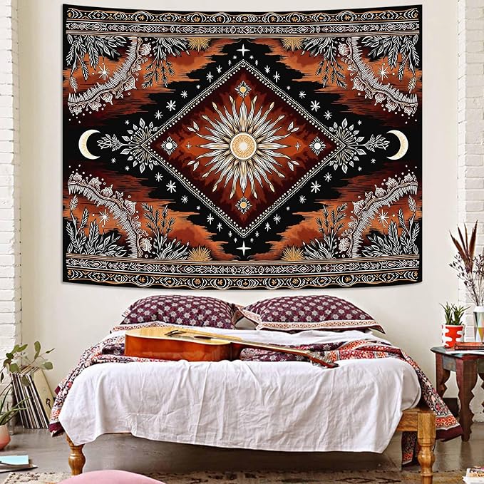 Accnicc Hippie Sun and Moon Tapestry Boho Mandala Floral Wall Tapestry for Bedroom Aesthetic Vintage Plant Celestial Dark Brown Small Tapestries Wall Hanging for Dorm Living Room Decor 48 x 36 Inch