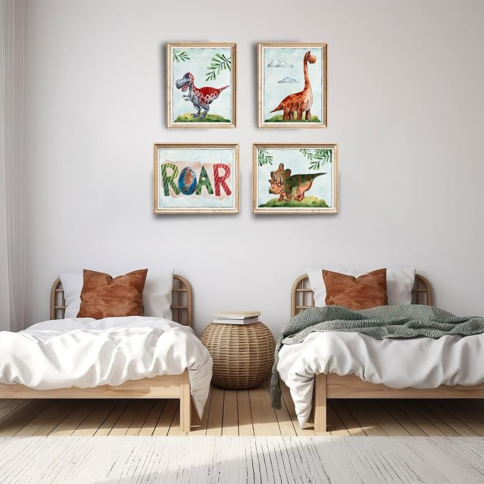 Friendly Dinosaur Art Prints (Set of 4) - Unframed - 8x10s | Fun and Educational Prehistoric Decor for Kids' Rooms | Wall Decor for Boys and Girls Bedrooms or Nurseries | Bathroom Pictures Wall Decor