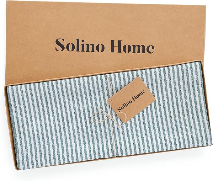 Solino Home 100% Linen Table Runner, 14 x 36 in, Rainforest, Narrow Stripe | styles dining tables for meals and celebrations, woven stripe, European flax fibres, easy to care for, OEKO-TEX Certified
