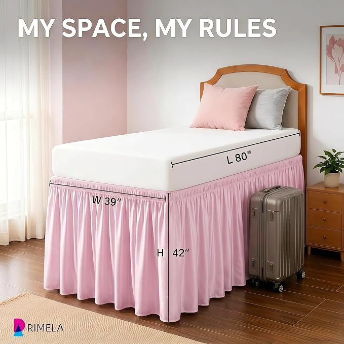 College Dorm Bed Skirt Twin XL 42" Drop, Slit Corner Bedskirt, Dusty Pink | Solid ruffled, Wrap-around/elastic, Wrinkle & Fade resistant, with Adhesive Strips, Gift Packed, Machine Wash/Tumble Dry/Iron