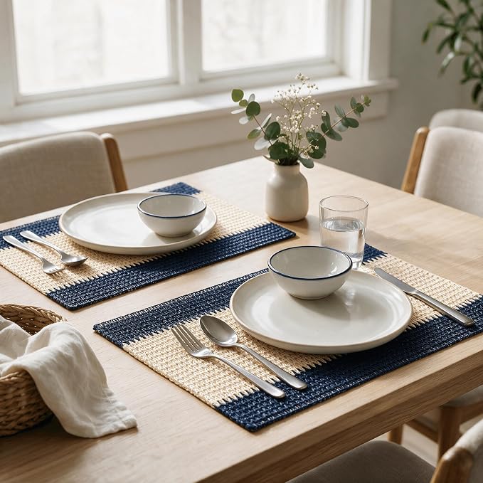 Artoid Mode Blue Paper Woven Farmhouse Stripe Placemats Set of 4,12x18 Inch Seasonal Holiday Table Mats Party Kitchen Dining Decoration