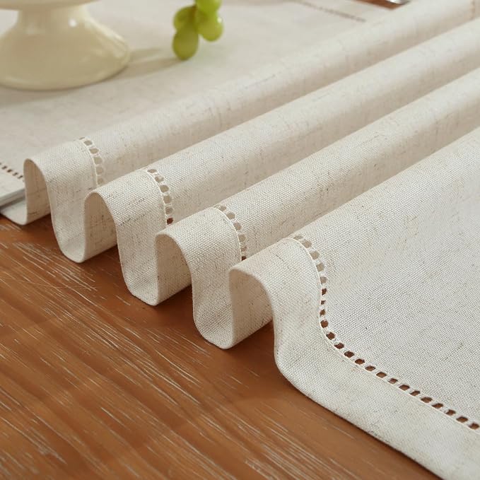 Light Natural Handmade Hemstitched Linen Blend Table Runner for Summer, Everyday Use, Classic Hemstitch Style (14 x 72 Inch)