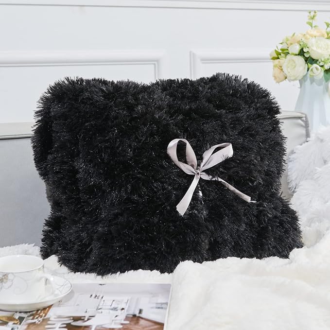 GONAAP Fuzzy Faux Fur Queen Blanket for Couch, Black, 90"x90" | Warm Cozy Plush Shaggy Decorative Reversible Thick Non-Heated Fleece Blanket for Sofa Bed, Gift for Women Men, All Season Use