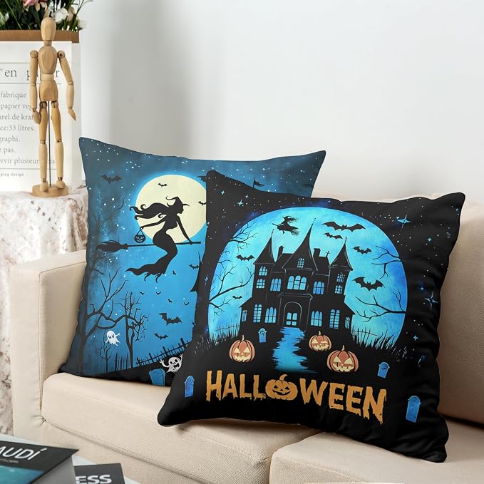 Halloween Pillow Covers 16x16 Set of 2 Witch Castle Throw Pillow Covers Horror Full Moon Night Pillow Case Bat Ghost Pumpkin Cushion Case for Holiday Party Home Decor Couch Sofa