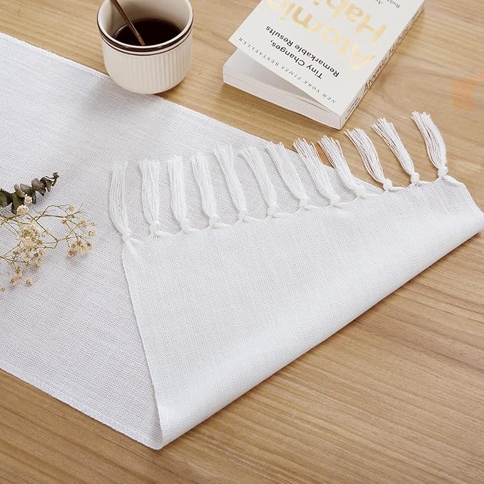 Cotton Linen Table Runner, 13x90 Inch, White with Hand Tassels | Linen Style Rustic Farmhouse Table Runners 90 Inches Long for Home Dresser Kitchen Dining Table Decor, Machine Wash