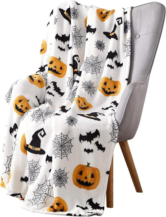 Halloween Fleece Throw Blanket, Witch Hat, Bats, Webs & Pumpkins, 50x60 in | Ultra-soft cozy flannel fleece, for sofa couch bed chair & dorms, spooky Halloween décor, durable and machine washable.