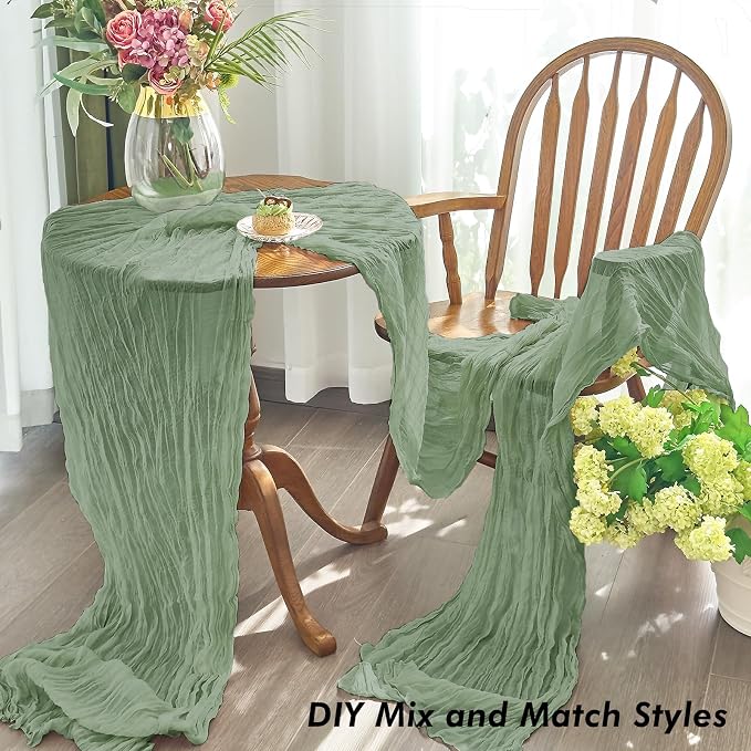 IVAPUPU Sage Green Table Runner 120 Inches for Birthday Party Home Decor | 10 Pcs Boho Gauze 10FT Cheesecloth Table Runners for Wedding Baby Shower Decorations Summer Garden Farmhouse