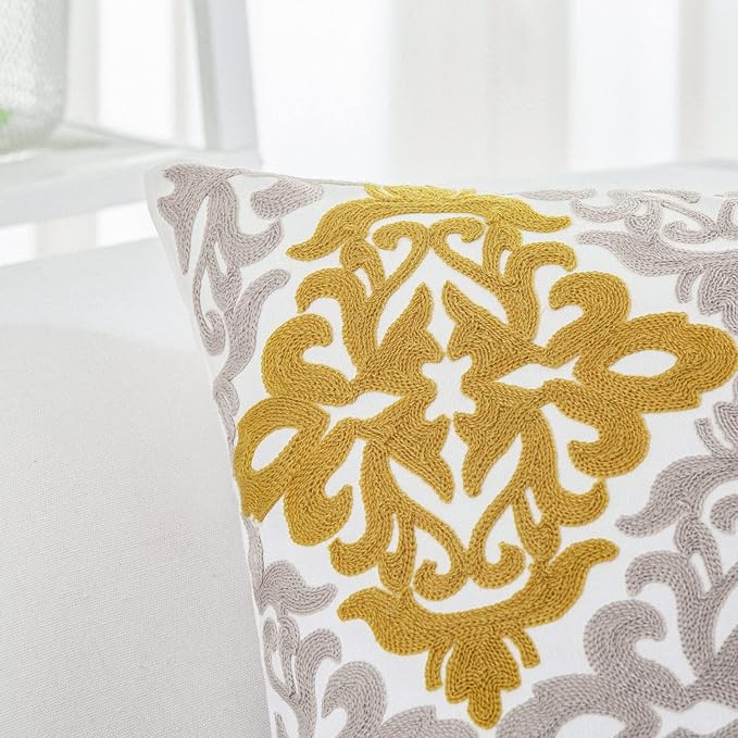 HWY 50 Mustard Yellow Decorative Throw Pillow Covers 18x18 Inch, Pack of 2 Embroidered Cotton Farmhouse Cushion Cover Pillow Case for Sofa Couch Living Room Bed Bedroon, Accent Geometric