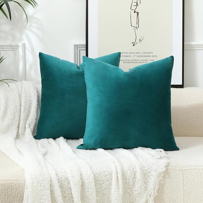 Stellhome Soft Velvet Throw Pillow Covers Square Decorative Cushion Covers for Bed Couch Sofa Bench, 26 x 26 inch (65 x 65 cm), Teal, Pack of 2
