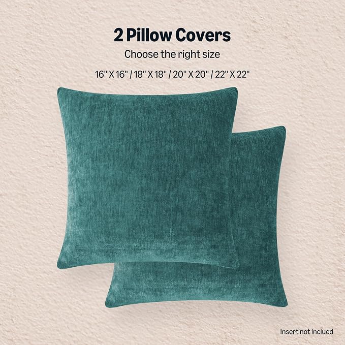 Amazon Basics Chenille Throw Pillow Covers, Home Decor Cushion Cover for Bedroom Living Room Couch Bed, 22" W × 22" L, Deep Teal