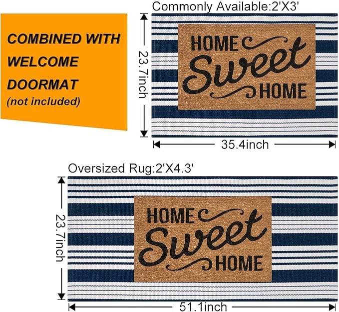 Blue and White Outdoor Rug 3'x 5'Striped Front Porch Rug Layered Door Mat | Cotton Woven Machine Washable Farmhouse Indoor Outdoor Area Rug Combined With Hello Welcome Mat