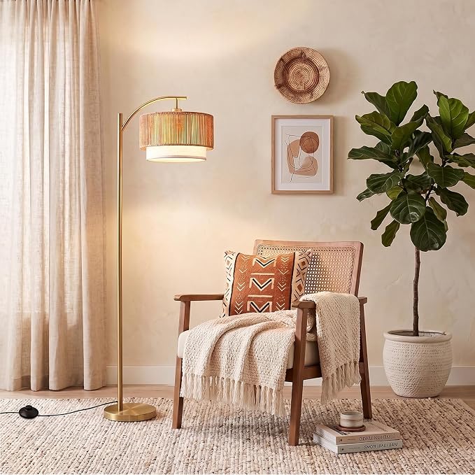 TJOY Arc Floor Lamp for Living Room, Boho Rattan & Fabric Shades
