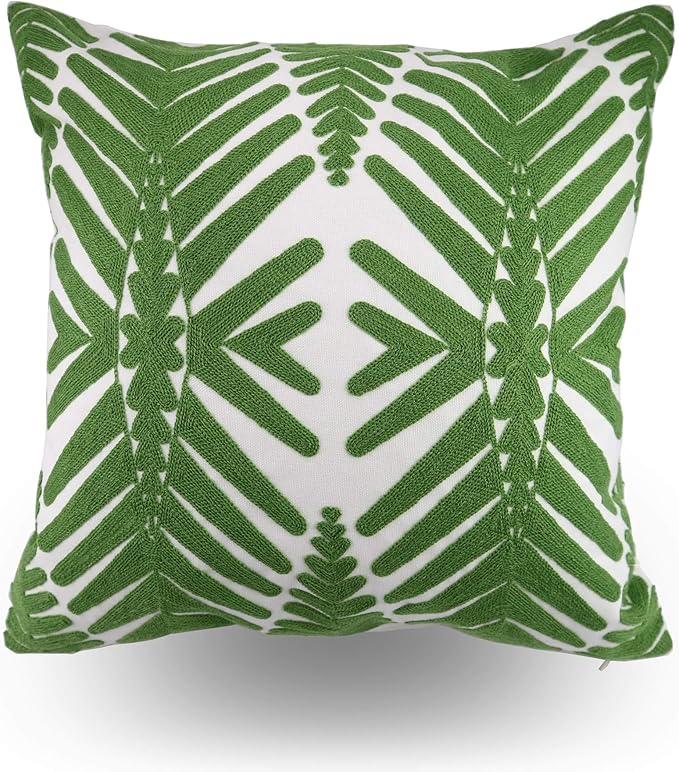 Tropical Leaf Embroidery Throw Pillow Covers 18x18 Inches Decorative Floor Pillow Cover for Couch Green Leaf 100% Cotton Cushion Cover Symmetric Palm Leaves Embroidered 45x45cm, 1 Piece