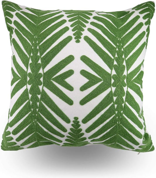 Tropical Leaf Embroidery Throw Pillow Covers 18x18 Inches Decorative Floor Pillow Cover for Couch Green Leaf 100% Cotton Cushion Cover Symmetric Palm Leaves Embroidered 45x45cm, 1 Piece