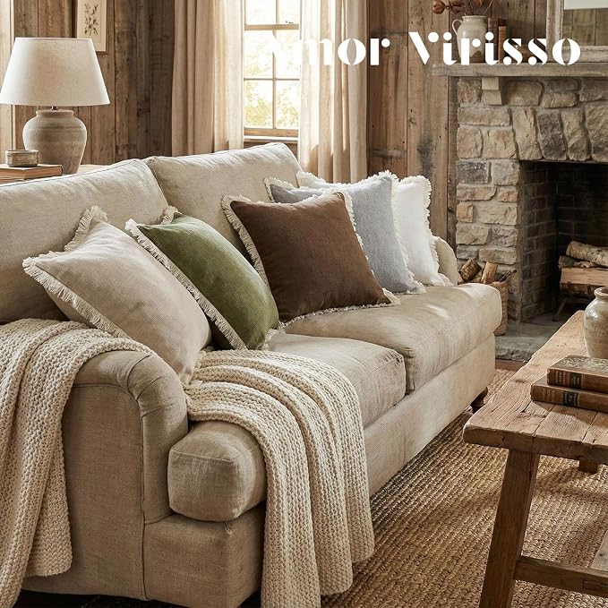 Amor Virisso Fringe Throw Pillow Covers 18x18 Set of 2 Boho Neutral Farmhouse Decorative Pillow Covers with Tassels for Couch Sofa Bed, Olive Green