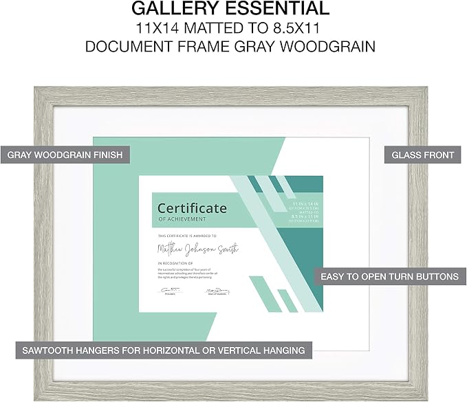 MCS Gallery Essential 11x14 Matted Diploma Frame with 8.5x11 Opening, Gray Picture Frame for Gallery Wall, Documents, Awards & Certificates (2-Pack)