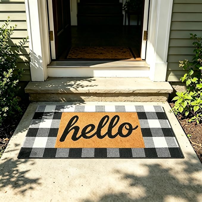SEEKSEE Buffalo Plaid Outdoor Rug 24x52 Black and White Front Door Mat, Layering Rug for Porch, Washable Doormat, Cotton Area Rug for Outdoor Entrance Entryway Patio Porch Decor
