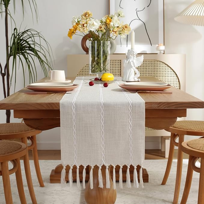 Wracra Rustic Linen Table Runner, Ivory Table Runners 90 inches Long | Raised Embroidered Design and Hand-Tassels;Cotton Linen Woven Fabric; Farmhouse Table Runner;Home Kitchen Dining Decor