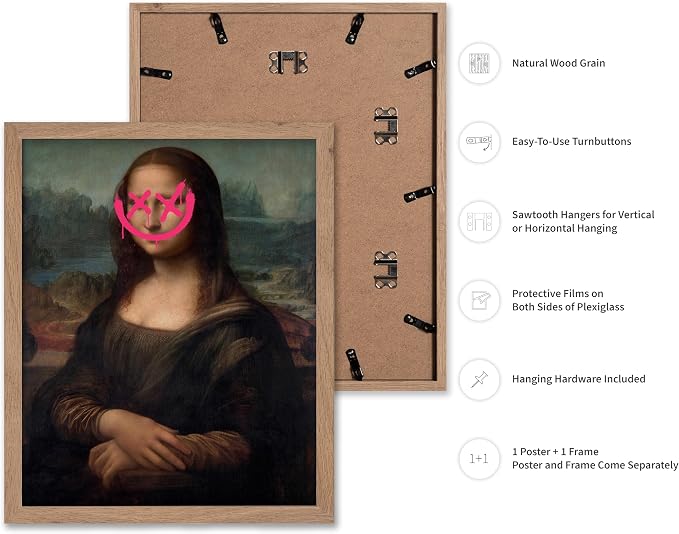 Poster Master Mona Lisa Painting Poster - Smile Face Print - Altered Art - Pop & Defaced Art - Gift for Men & Women - Minimal Decor for Office, Bedroom or Living Room, 11x14 Beige Framed