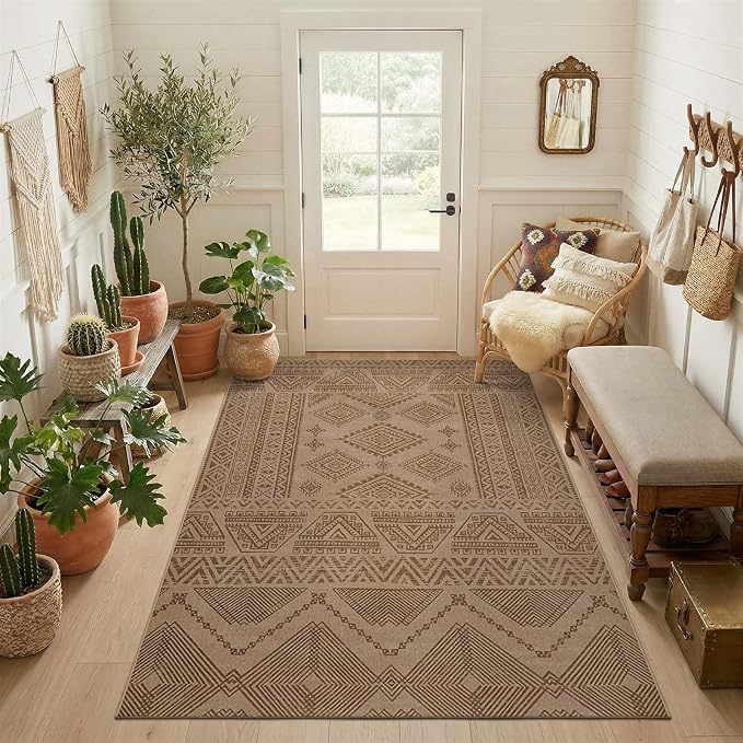 jinchan 5x7 Faux Jute Area Rug Washable Boho Living Room Rug, Natural Taupe | Southwestern Geometric, Non-Slip, Low Pile, Indoor Outdoor, Natural Fiber Look, Dining Room, Deck, Backyard, Bedroom, Patio