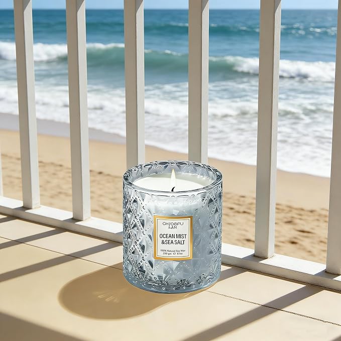 Chloefu LAN Summer California Mist Ocean & Sea Salt Candle, 8.1 oz | Luxury Air Freshening Blue Jar Candles 55 Hour Burning, Home Decor, Natural Soy Wax, Beach Candle