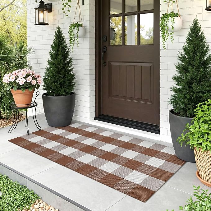 KOZYFLY Buffalo Plaid Area Rugs 2x4.3 Ft Brown and White Rug Front Door Mat | Washable Front Door Rug, Woven Cotton Indoor Outdoor Rug, Front Porch Kitchen Entryway Patio Farmhouse Checkered Doormat