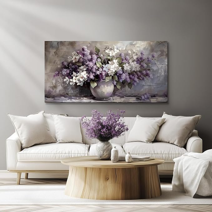SERIMINO Large Still Life Wall Art, Purple Floral Canvas Painting 29"X57" | Extra Large Purple Floral Botanical Wall Decor, Living Room Kitchen Office Decor, Gallery Wrapped, Fade-resistant Inks