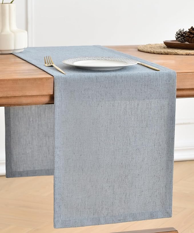 Wracra Linen Table Runner, Burlap Dusty Blue Table Runners 36 Inches Long | Rich Woven Linen Blend Fabric, Machine Washable, Rustic Farmhouse Handcrafted Table Runner for Dresser Dining Table Decor
