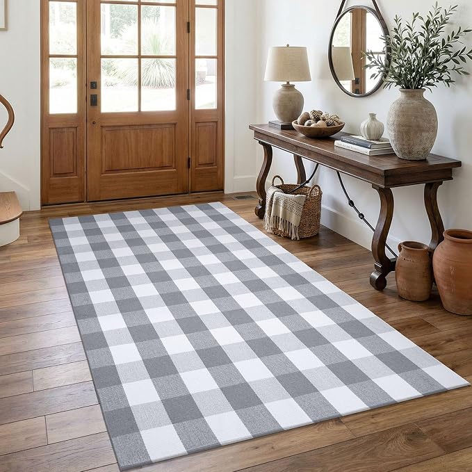 KOZYFLY Buffalo Plaid Rug 4x6 Ft Checkered Grey and White Front Door Mat | Washable Outdoor Rugs, Cotton Front Porch Rug, Woven Front Door Rug, Indoor Carpet for Living Room Dining Room Kitchen Patio