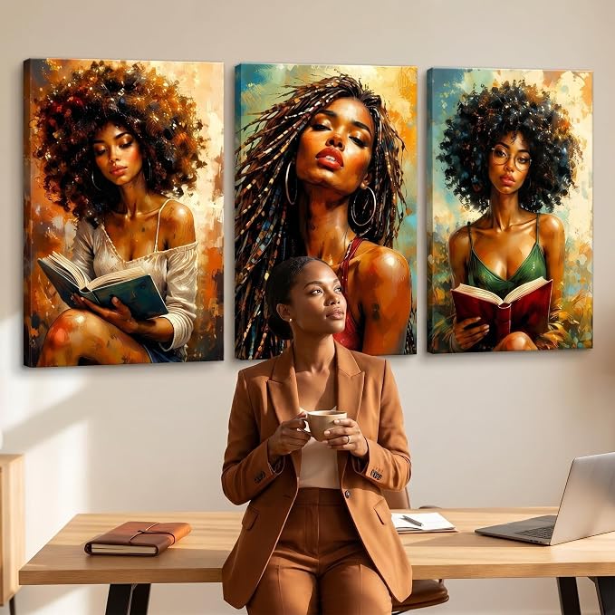African American Women Canvas Wall Art, Boho Floral Black Girl Painting3Pcs | Modern African wall art: boho black woman reading, framed canvas for living room, office, bedroom, 16x24in