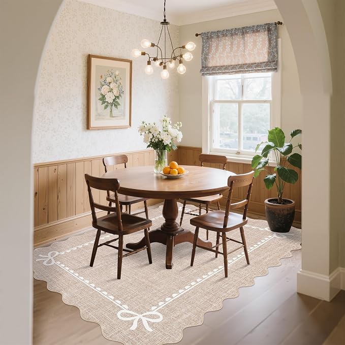 COZYLOOM 9x12 Dining Room Rugs for Under Table, Machine Washable Area Rugs for Bedroom, Non Slip Non Shedding Scalloped Border Rug Stain Resistant Low Pile Bow Carpet for Living Room, Nursery, Camel