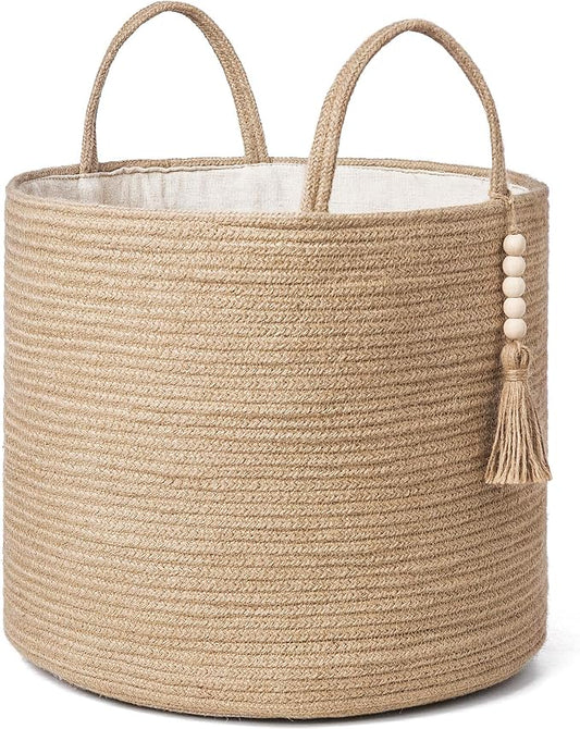 Mkono Woven Storage Basket for Blanket, Toys Plant Organizer, 16"W x 13.8"L | Brown, Jute, Decorative Basket with Handle, Wood Beads Tassel, Shoes Towel Clothes Storage Bin, Living Room Bedroom Nursery